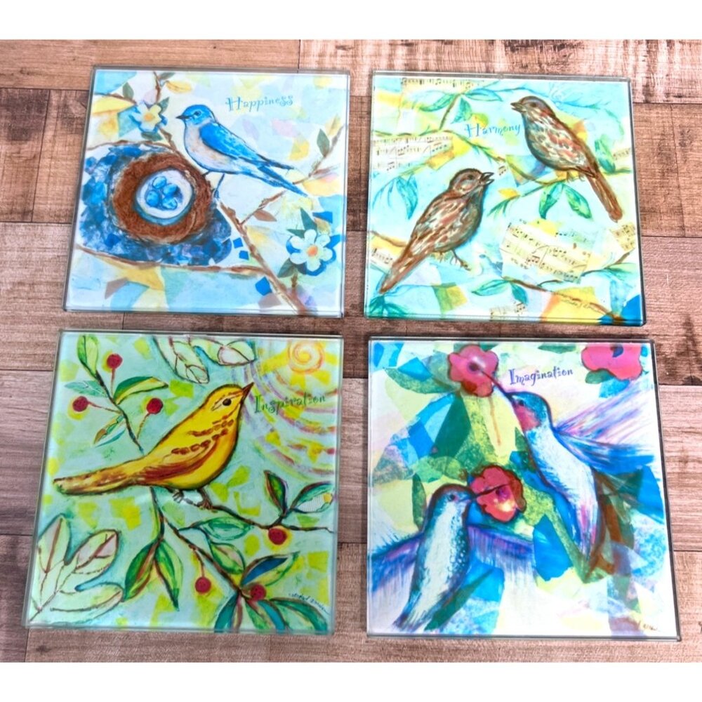 4 Watercolors Flowers Tempered Wine Drink Glass Coaster Set Linda Altshuler